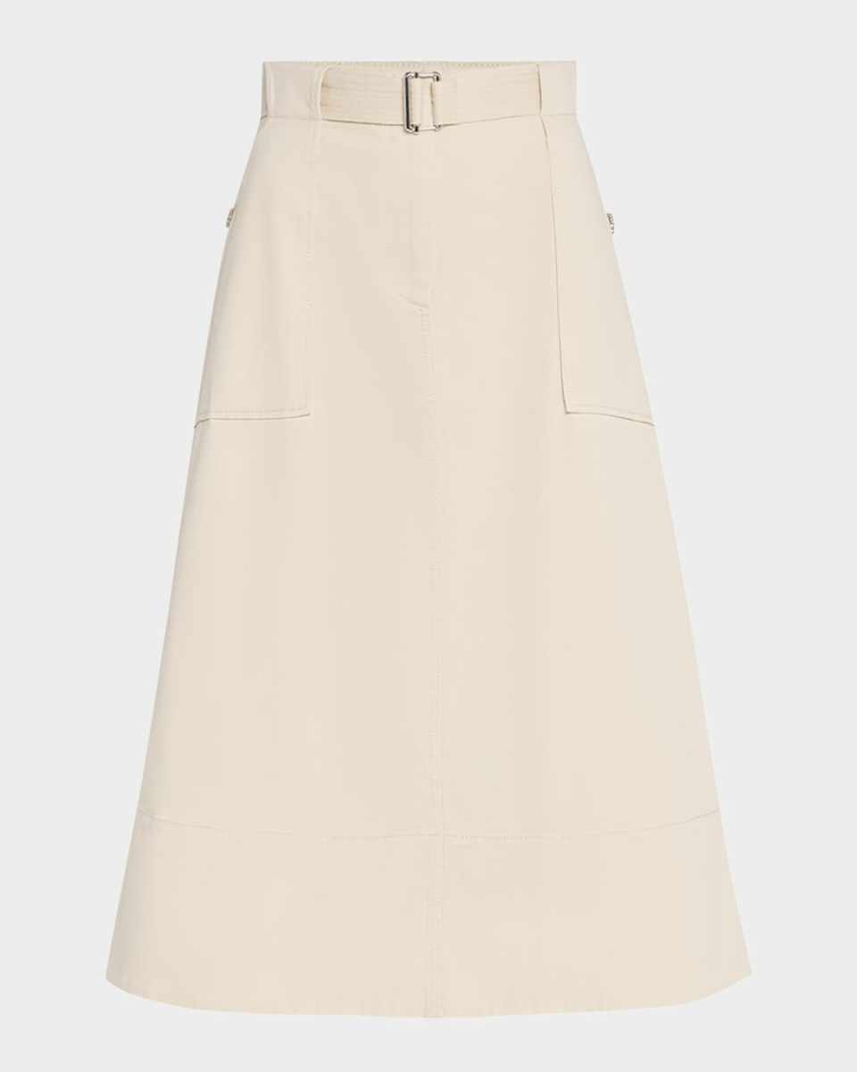 Belted Cotton Canvas Midi Skirt